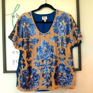 NEIMAN MARCUS for TARGET TRACY REESE SEQUINED TOP BLOUSE BLUE SEQUIN ECRU